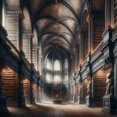The primary subject of the image is a large, ornate library filled with books. The setting is a dark, old library with high ceilings and arched doorways. The visual style is a combination of photo and digital art, creating a realistic yet dramatic atmosphere. The colors and mood are dark and moody, with the dim lighting and the vast collection of books creating a sense of mystery and intrigue.